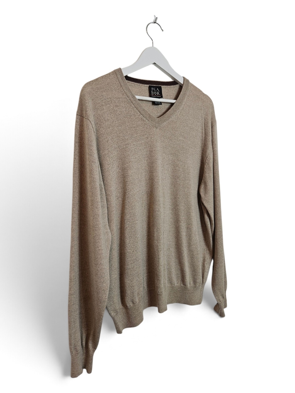 Jos. A. Bank Signature Merino Wool V-Neck Sweater Men's M Heather Beige